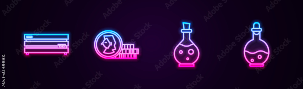 Poster set line video game console, coin for, bottle with magic elixir and . glowing neon icon. vector