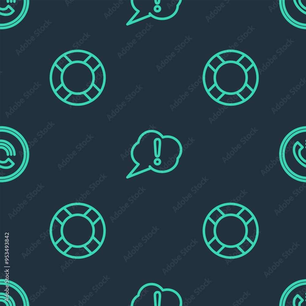 Poster set line speech bubble exclamation, lifebuoy and phone call on seamless pattern. vector