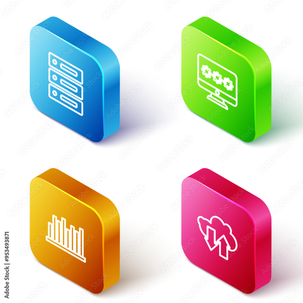 Poster set isometric line server, data, web hosting, monitor with password, pie chart infographic and cloud