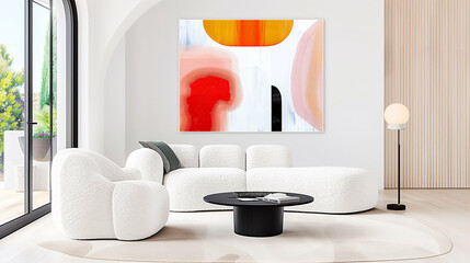 Modern sofa in bright living room with stylish decor and vibrant artwork
