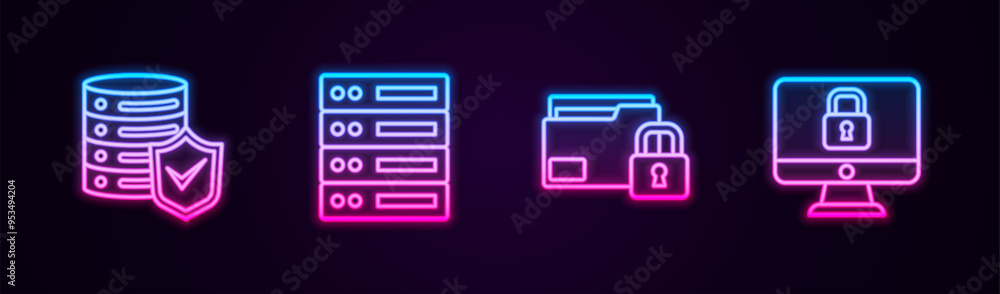  set line server with shield, server, data, web hosting, folder and lock and lock on computer monitor