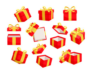Red gift boxes with yellow ribbons are opening and closing against a white background