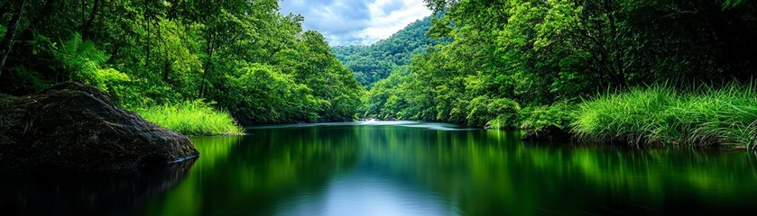 Obraz premium Calm River Flowing Through Lush Green Forest
