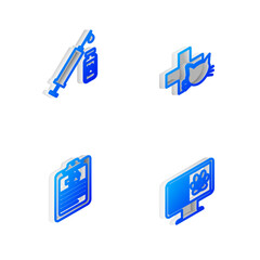 Set Isometric line Veterinary clinic, Syringe with pet vaccine, Clinical record and on monitor icon. Vector