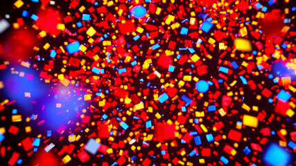 An impressive 3D projection of red, blue, and yellow confetti on a transparent background. Generative AI