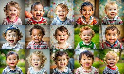 A collage of 15 characters. Happy children 1 year of age