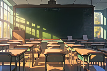 An empty classroom with rows of desks and chairs, sunlight pouring through large windows, casting shadows on the floor. The room feels peaceful and ready for students' return.
