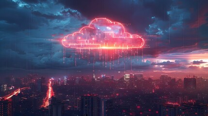 Glowing Digital Cloud Hovering Over Futuristic Cityscape at Night Representing Data Transformation and Cloud Computing