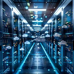 Futuristic Data Center with Advanced Cloud Computing Infrastructure and Holographic Visualizations