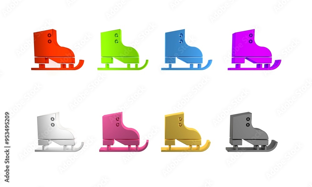 Poster Colorful Figure skates icon isolated on white background. Ice skate shoes icon. Sport boots with blades. Minimalism concept. 3D render illustration