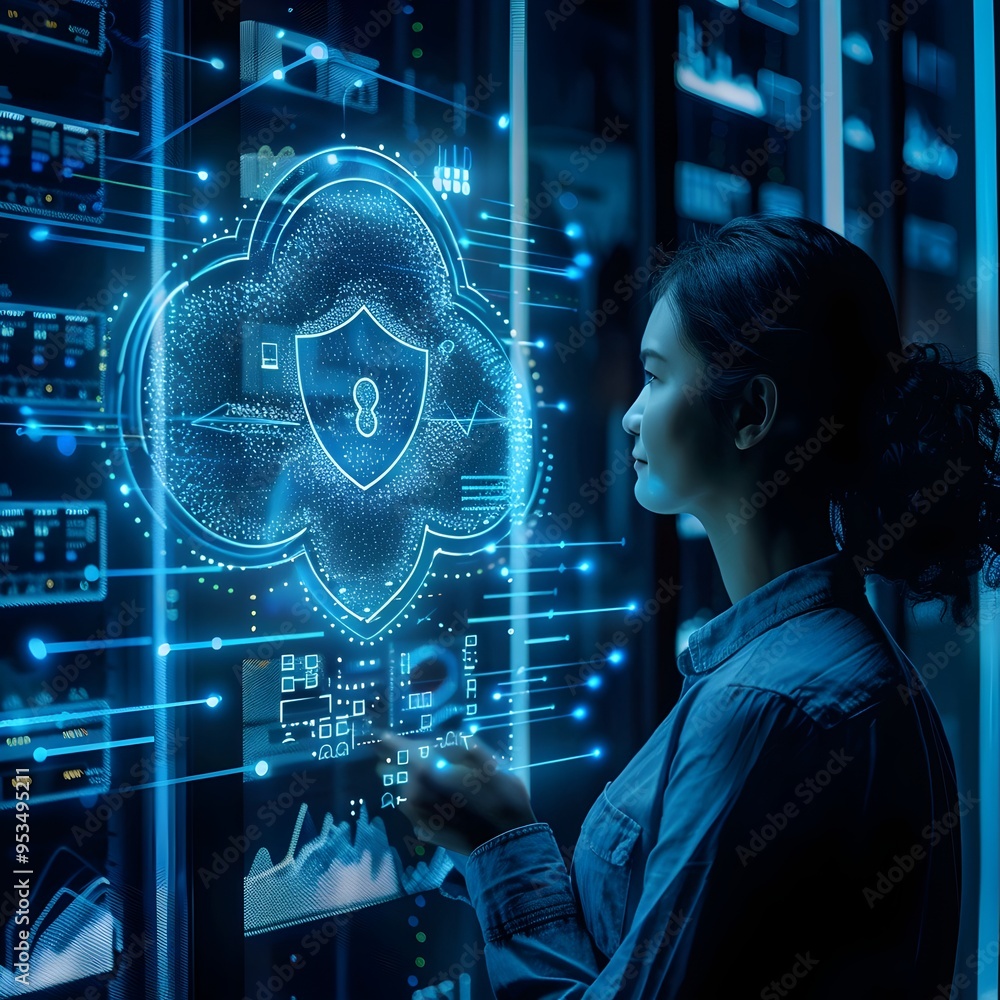 Poster cybersecurity professional analyzing digital cloud with shield overlay for data protection