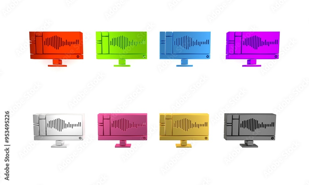Poster colorful sound or audio recorder or editor software on computer monitor icon isolated on white backg