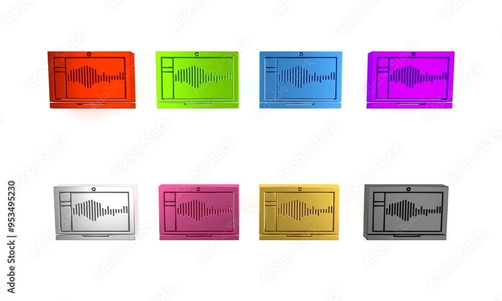 Poster colorful sound or audio recorder or editor software on laptop icon isolated on white background. min
