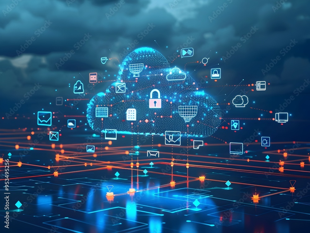 Poster interconnected cloud computing network with digital devices and futuristic technology concept