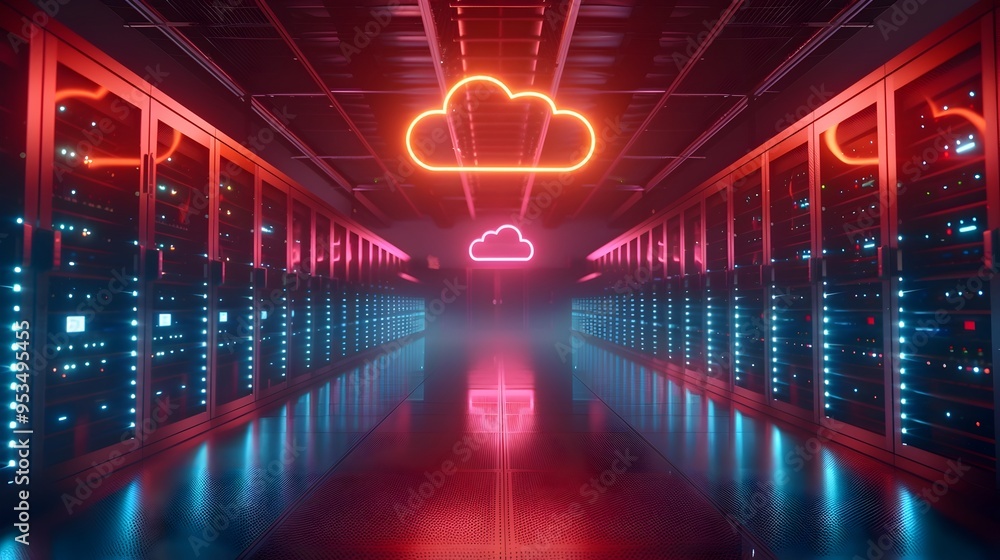 Poster illuminated data center servers with glowing cloud icon for cloud computing concept