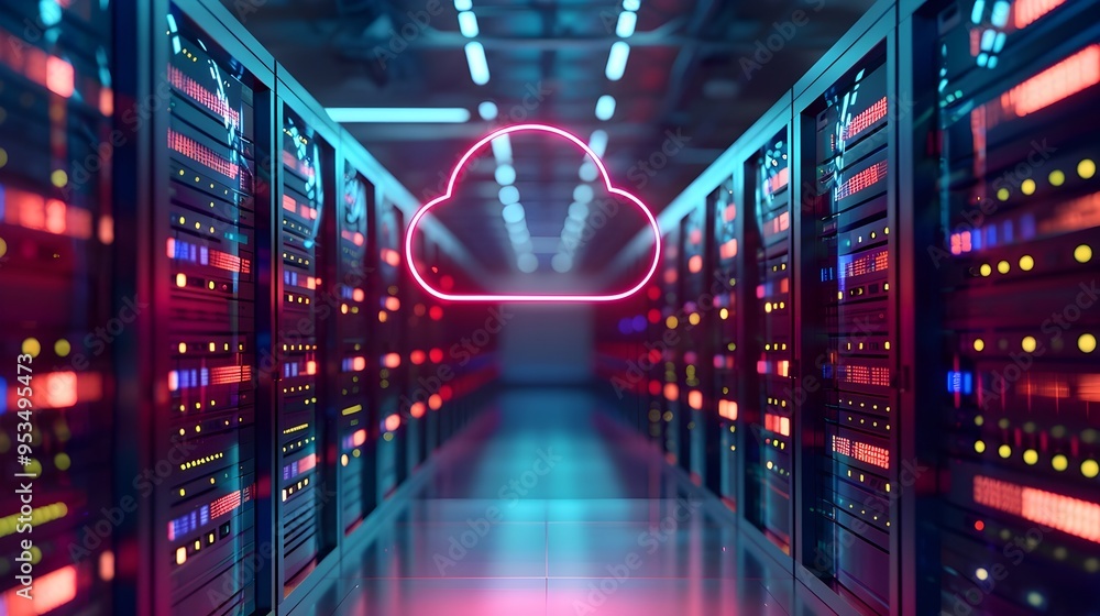 Poster futuristic data center with glowing cloud icon representing cloud computing technology