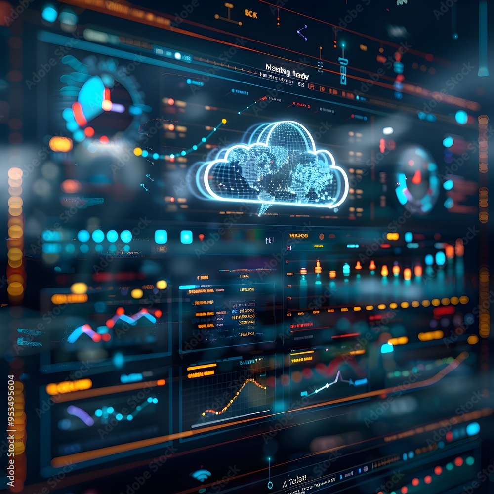 Poster futuristic business dashboard with real time cloud data analytics on transparent digital interface