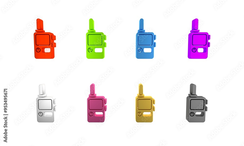 Sticker Colorful Walkie talkie icon isolated on white background. Portable radio transmitter icon. Radio transceiver sign. Minimalism concept. 3D render illustration