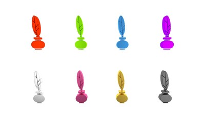 Colorful Feather and inkwell icon isolated on white background. Minimalism concept. 3D render illustration
