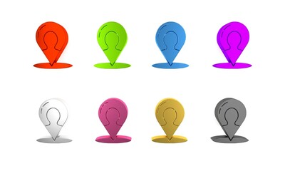 Colorful Map marker with a silhouette of a person icon isolated on white background. GPS location symbol. Minimalism concept. 3D render illustration