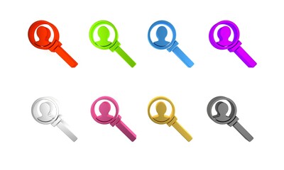 Colorful Magnifying glass for search icon isolated on white background. Recruitment or selection concept. Search for employees and job. Minimalism concept. 3D render illustration