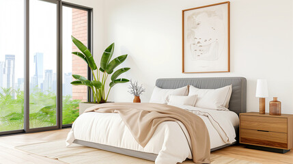 Cozy bedroom with modern interior design and large windows showcasing city views