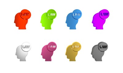 Colorful Head with law icon isolated on white background. Minimalism concept. 3D render illustration