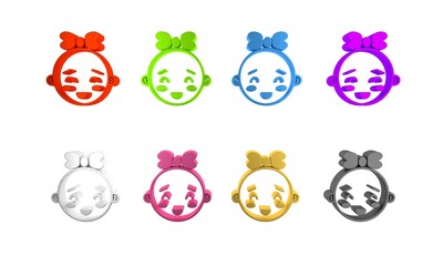 Obraz premium Colorful Happy little girl head icon isolated on white background. Face of baby girl. Minimalism concept. 3D render illustration