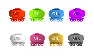 Colorful Oil railway cistern icon isolated on white background. Train oil tank on railway car. Rail freight. Oil industry. Minimalism concept. 3D render illustration