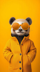 illustration of anthropomorphic cute panda wearing stylish yellow jacket and sunglasses against yellow background.