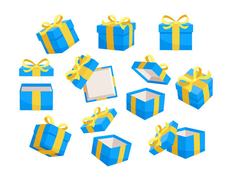 Set of blue gift boxes with yellow ribbons are floating and rotating, some of them are open and empty while others are closed