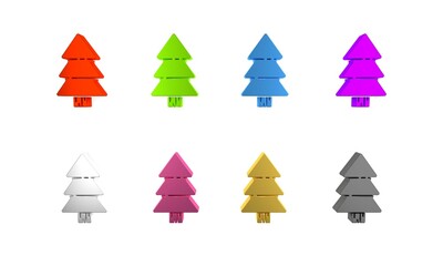 Colorful Christmas tree icon isolated on white background. Merry Christmas and Happy New Year. Minimalism concept. 3D render illustration