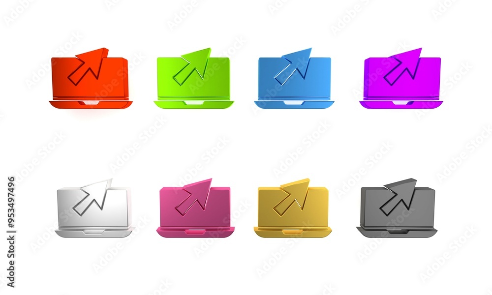 Poster colorful laptop and cursor icon isolated on white background. computer notebook with empty screen si