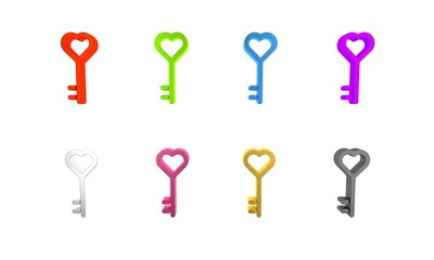 Colorful Key in heart shape icon isolated on white background. Valentines day. Minimalism concept. 3D render illustration