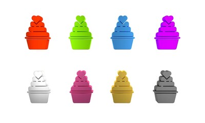 Colorful Wedding cake with heart icon isolated on white background. Minimalism concept. 3D render illustration