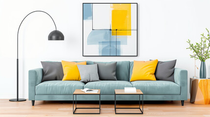 Sofa in modern living room with stylish interior bright colors and contemporary design features