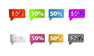Colorful Fifty discount percent tag icon isolated on white background. Shopping tag sign. Special offer sign. Discount coupons symbol. Minimalism concept. 3D render illustration