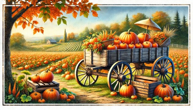 Watercolor clip art of a pumpkin patch featuring a rustic wagon filled to the brim with freshly harvested pumpkins clipart