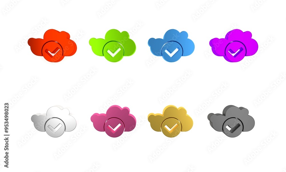 Poster colorful cloud with check mark icon isolated on white background. cloud storage data protection. clo