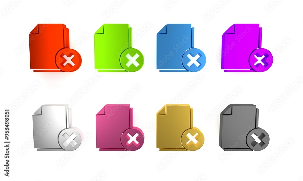 Poster colorful delete file document icon isolated on white background. rejected document icon. cross on pa