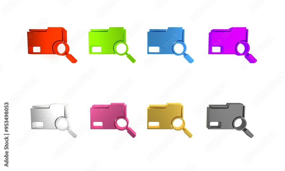 Poster colorful search concept with folder icon isolated on white background. magnifying glass and document