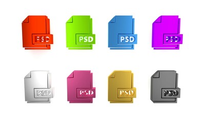 Colorful PSD file document. Download psd button icon isolated on white background. PSD file symbol. Minimalism concept. 3D render illustration