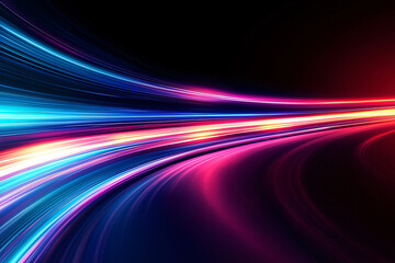 Abstract Light Streaks in Motion - a dynamic and vibrant technology background. Displaying high-speed digital light in motion. Glowing lines on a black backdrop