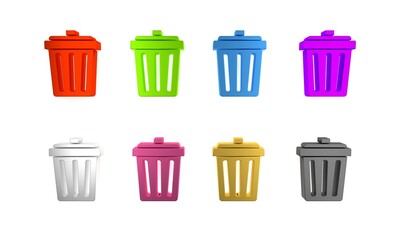 Colorful Trash can icon isolated on white background. Garbage bin sign. Recycle basket icon. Office trash icon. Minimalism concept. 3D render illustration