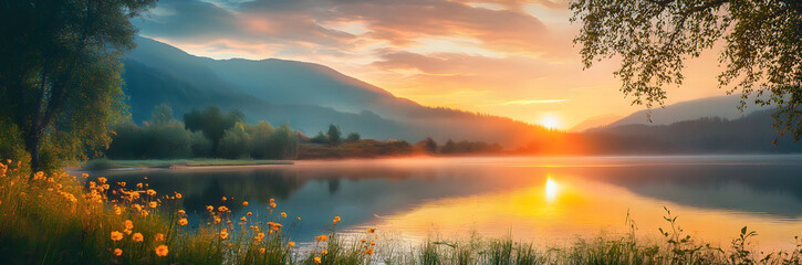 Fototapeta premium Sunrise Over the Mountain Lake