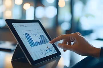 A hand points to a graph on a tablet computer, analyzing data and trends in a modern office setting.