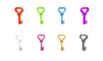 Colorful Key in heart shape icon isolated on white background. Minimalism concept. 3D render illustration
