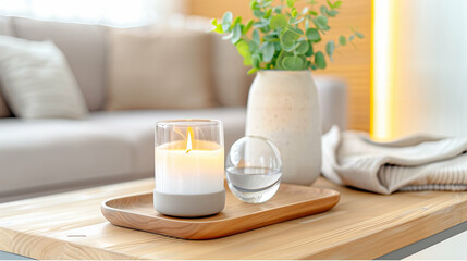 Obraz premium Candle light illuminating home decor with modern tray and greenery