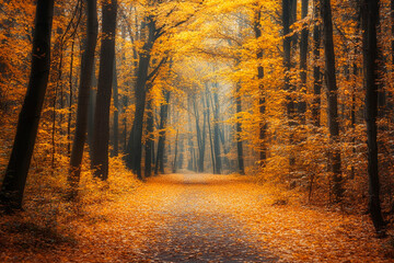 Fototapeta premium Misty autumn forest path covered in vibrant orange leaves, surrounded by tall trees with golden foliage
