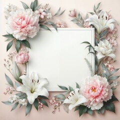 Botanical Frame with Soft Pink Peonies and White Lilies, Airy and Elegant Design with Copy Space